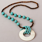 Assorted Tiger Eye and Turquoise Necklace with Big White Shell Pendant