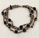 three strand black gemstone and smoky quartze necklace with magnetic clasp