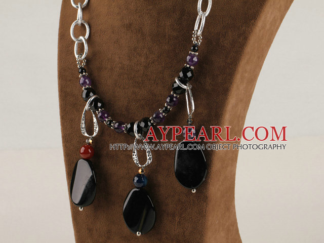 chunky style amethyst and balck agate necklace with bold metal chain