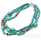 gorgeous three strand turquoise and red coral necklace