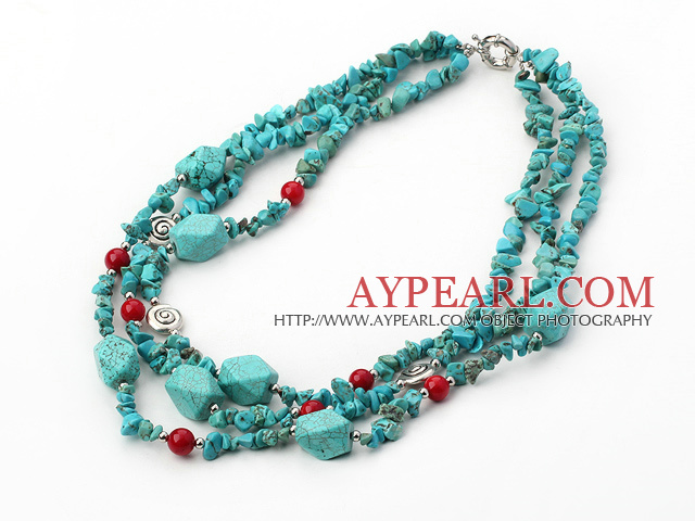 gorgeous three strand turquoise and red coral necklace