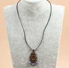 Simple Retro Style Round Blue Spot Stone Beads Pendant Necklace With Black Leather