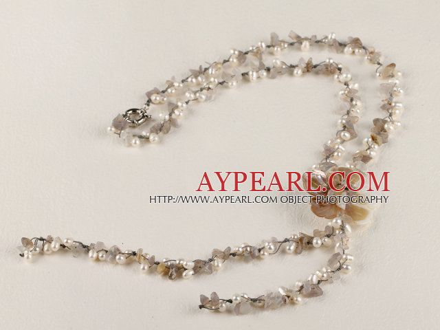 flower necklace white pearl and gray agate necklace with moonlight clasp