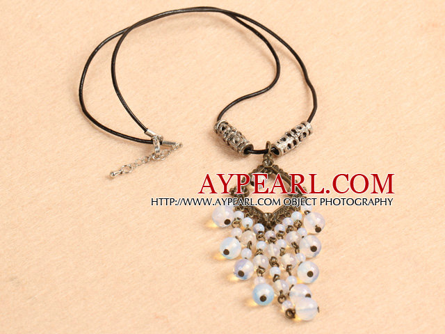 Simple Retro Style Chandelier Shape Round Opal Beads Tassel Pendant Necklace With Black Leather