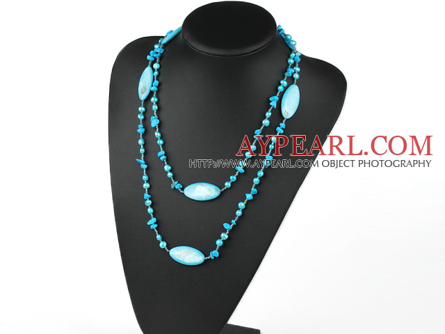 long style 47.2 inches blue pearl  shell and turquoise nekclace