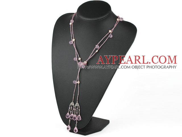 美しい長いスタイル59.1インチパールとピンクの水晶ネックレス