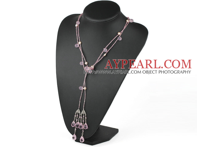 lovely long style 59.1 inches pearl and pink crystal necklace