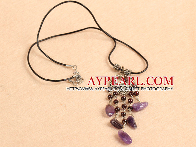 Simple Retro Style Chandelier Shape Garnet Amethyst Beads Tassel Pendant Necklace With Black Leather