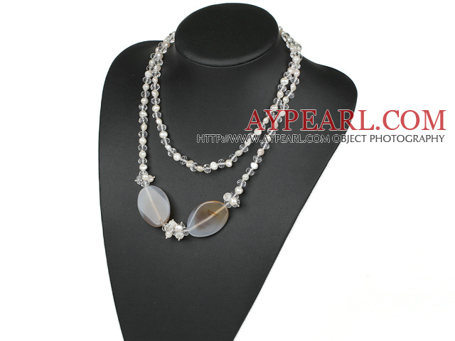 39,4 pouces style long brillant cristal blanc perle et collier agate