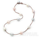 Single Strand 11-12mm White Gray and Pink Freshwater Pearl Necklace with Brown Leather