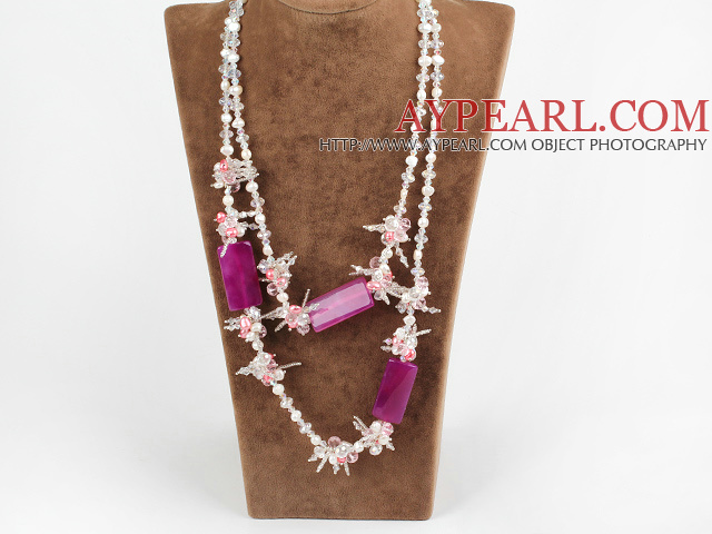 51,2 inches lång stil glittrande vit pärla kristall och rosa agat halsband