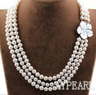 Three Strands 8-9mm Round White Freshwater Pearl Necklace with White Shell Flower Clasp