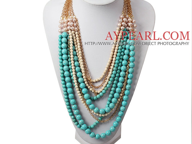 Multi Layer Fashion Style Turquoise and White Pearl Necklace with Metal Chain