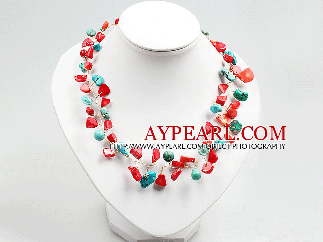Red Coral och turkos Pärlor Virka Wire Halsband