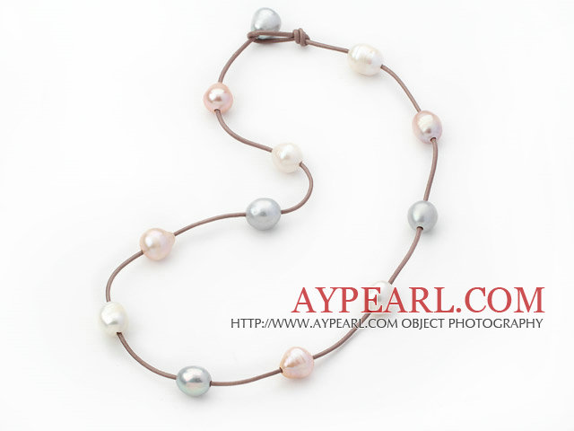 Strand singur 11-12mm alb de apă dulce colier de perle gri și roz cu maro din piele