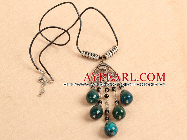 Simple Retro Style Chandelier Shape Tear Drop Phoenix Stone Black Agate Beads Tassel Pendant Necklace With Black Leather