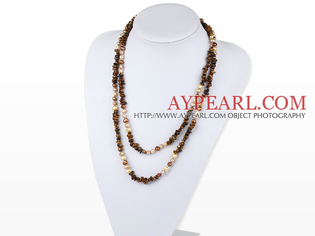 Assorted Freshwater Pearl and Tigey Eye Long Style Necklace