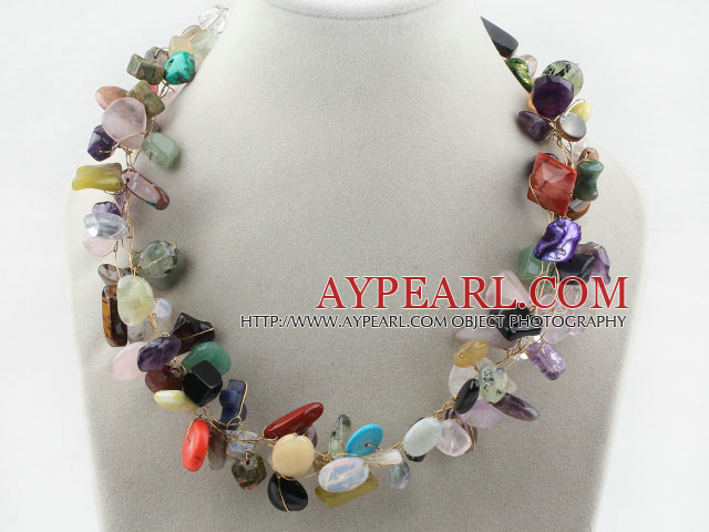 Assorted Multi Color Multi Stone Golden Wired And Crochet Necklace With Lobster Clasp