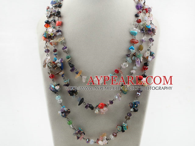 Three Strands Assorted Multi Stone Chips and Multi Crystal Necklace