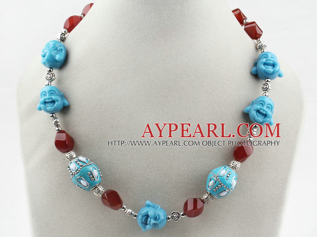 Fashion Red Carnelian And Blue Buddhu Head Stone Necklace With Lobster Clasp