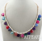 Assorted White Freshwater Pearl and Heart Shape Multi Color Agate Necklace