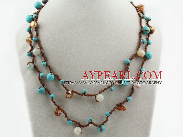 Green Series Long Style Turquoise and Amazon Stone Necklace with Brown Cord