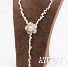 White Freshwater Pearl and White Shell Flower Y Shape Necklace