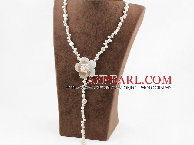 White Freshwater Pearl and White Shell Flower Y Shape Necklace