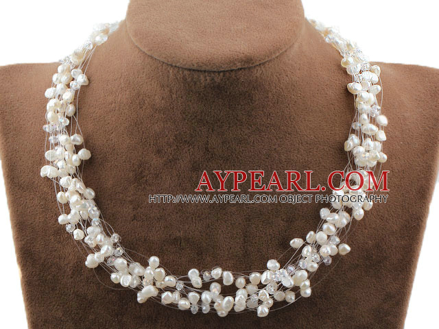 Multi Strands White Freshwater Pearl Crystal Bridal Necklace