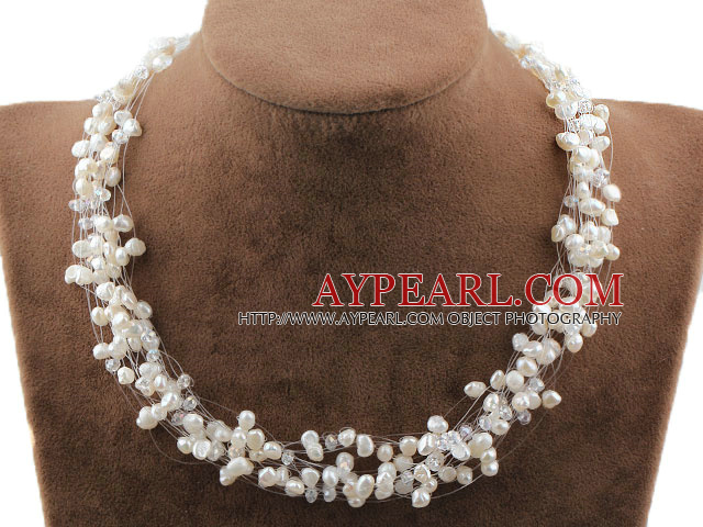 Multi Strands Hvit Freshwater Pearl Crystal Bridal kjede