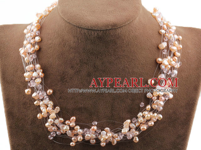 Multi Strands Natural Pink Freshwater Pearl Crystal Bridal Necklace