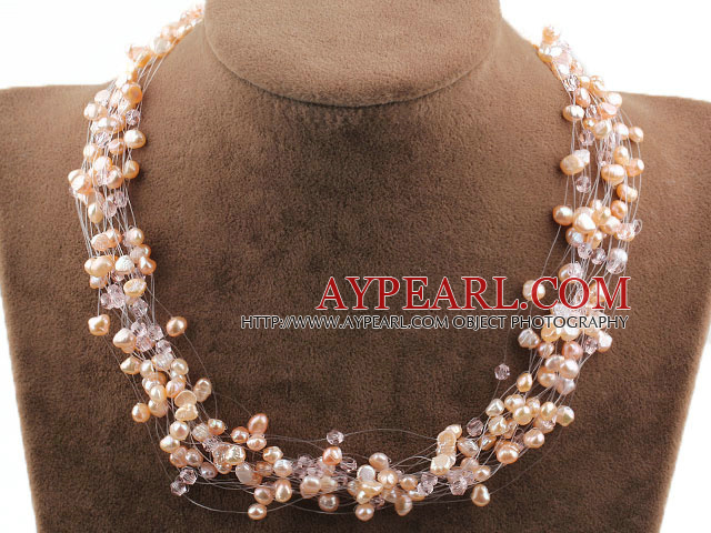 Multi Strands Natural Pink Freshwater Pearl Crystal Bridal kjede