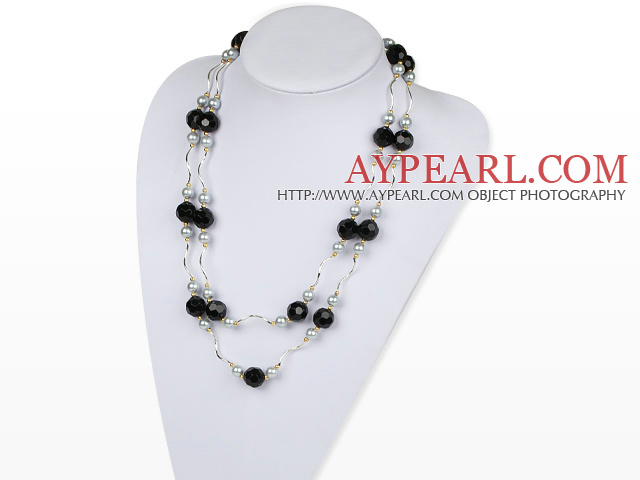 Long Style Faceted Black Crystal and Gray Shell Beads Necklace