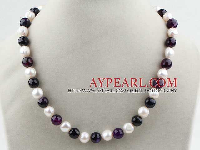 10-11mm White Freshwater Pearl and Faceted Purple Agate Beaded Necklace