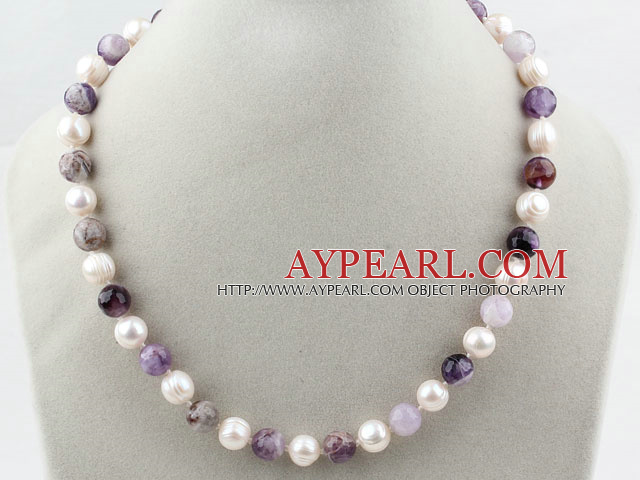 White Freshwater Pearl and Purple Crystal Quartz Beaded Necklace