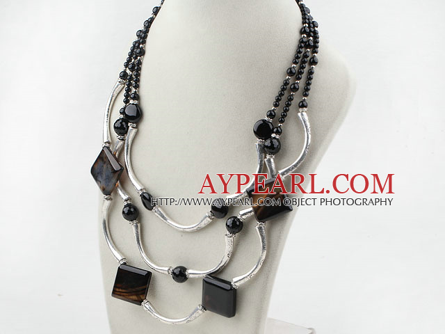 Three Strands Assorted Black Agate Necklace