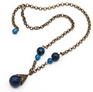 Vintage Style Faceted Blue Agate Necklace with Bronze Chain