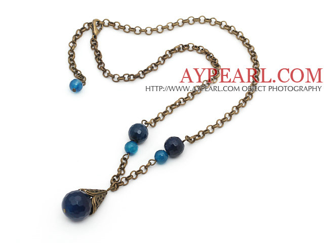 Vintage Style Faceted Blue Agate Necklace with Bronze Chain