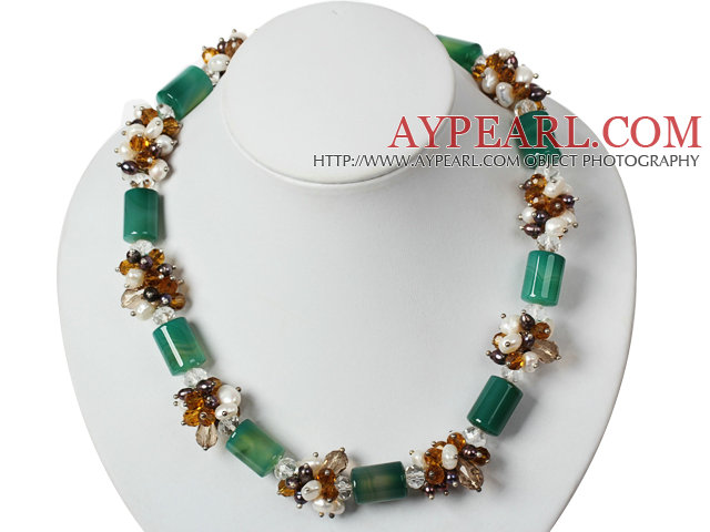 White Pearl kristall och Cylinder Shape Grön Agate Halsband 