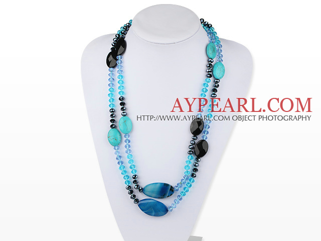 51,2 inches lång stil fredlig blå agat turkos och kristall halsband