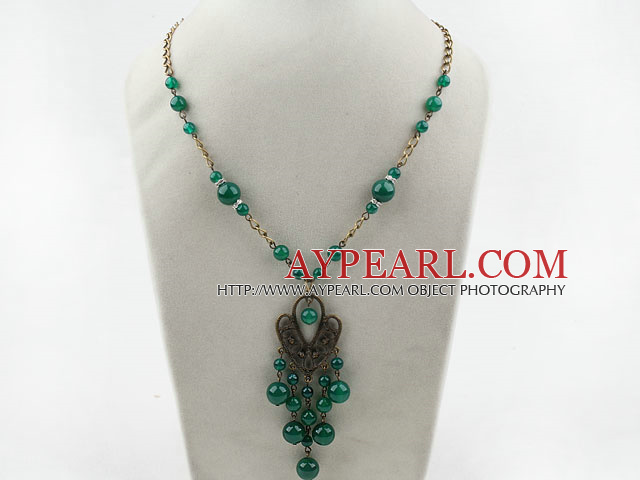 Vintage Style Green Agate Necklace with Bronze Chain