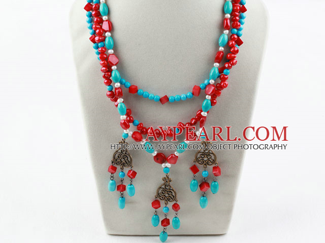 New Design Three Strands Red Coral and Turquoise Necklace