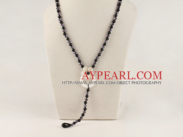 Y shape 19.7 inches crystal black agate necklace with white shell flower