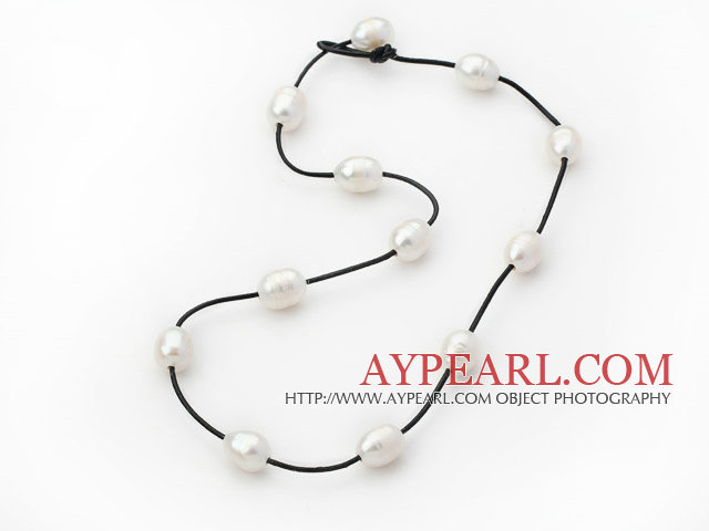 Single Strand 11-12mm White Freshwater Pearl Necklace with Black Leather