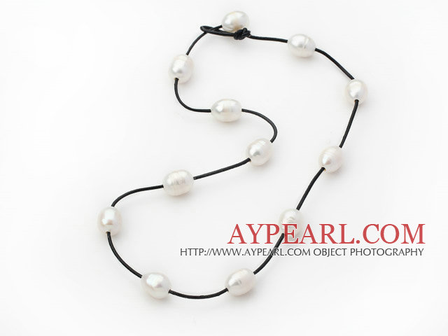 Single Strand 11-12mm collier de perles d'eau douce Blanc Cuir Noir