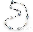 Single Strand 11-12mm White Gray and Black Freshwater Pearl Necklace with Black Leather