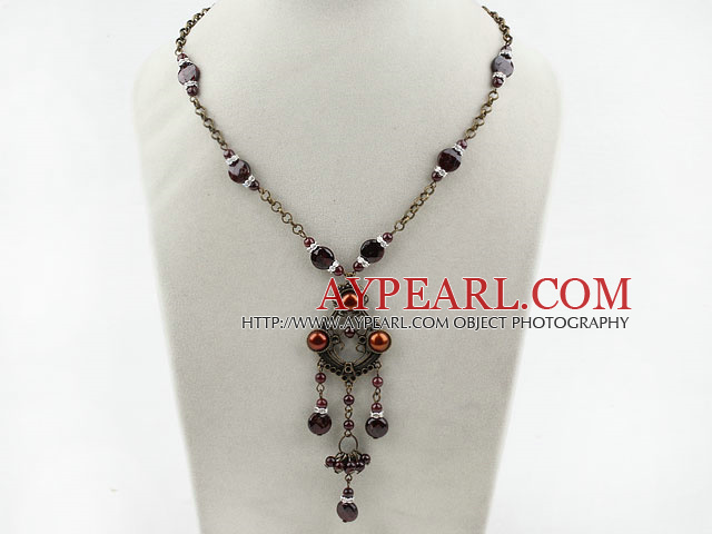 Vintage Style Brown Pearl and Garnet Necklace with Bronze Chain