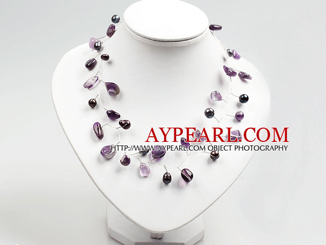 Amethyst and Pearl Beads Crochet Wire Necklace