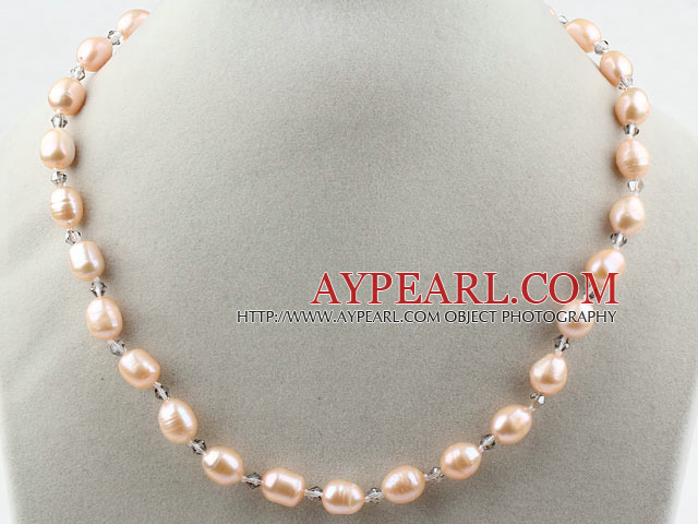 Classic Design 8-9mm Pink Freshwater Pearl and Small Gray Crystal Necklace