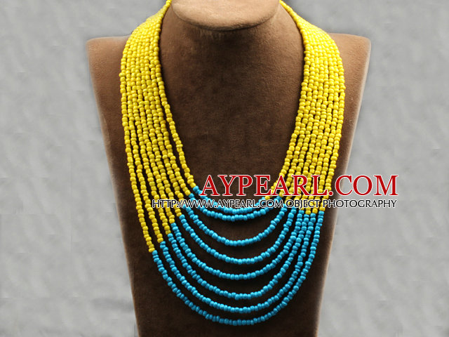 Multi Strands Multi Layered 4-5mm Yellow and Blue Plastic Seed Necklace